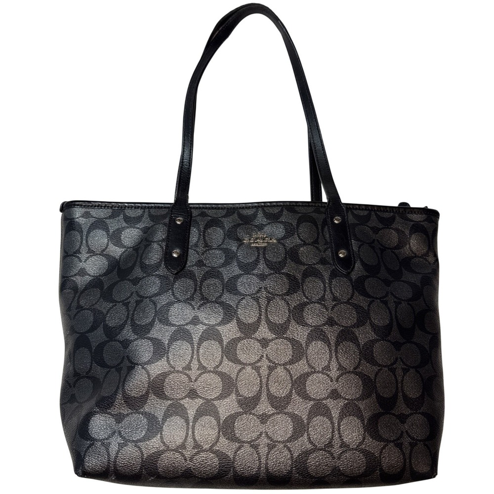 Coach City Signature Zip Tote Bag F39555 Black Metallic Silver
